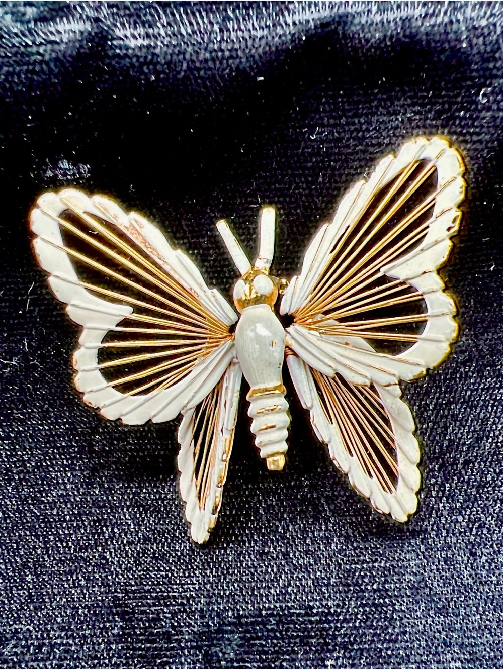 Vintage Monet White Enamel Butterfly Brooch Gold Tone Openwork Pin Mid Century